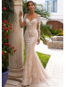 V Neck Ivory Lace Tulle Wedding Dress With Champagne Lining